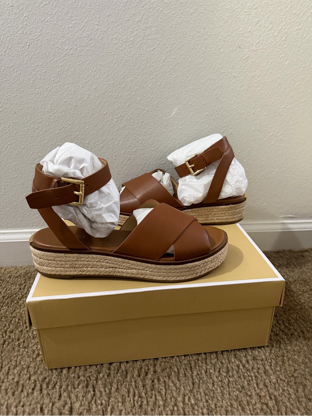 Michael Kors Abbott leather espadrille sandals luggage brown women’s size 7.5m
